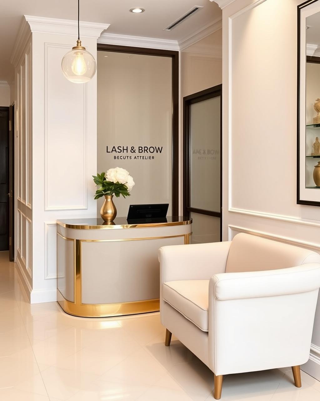 Peaklyft reception with cream tiles, a brass-edged front desk and small linen sofa