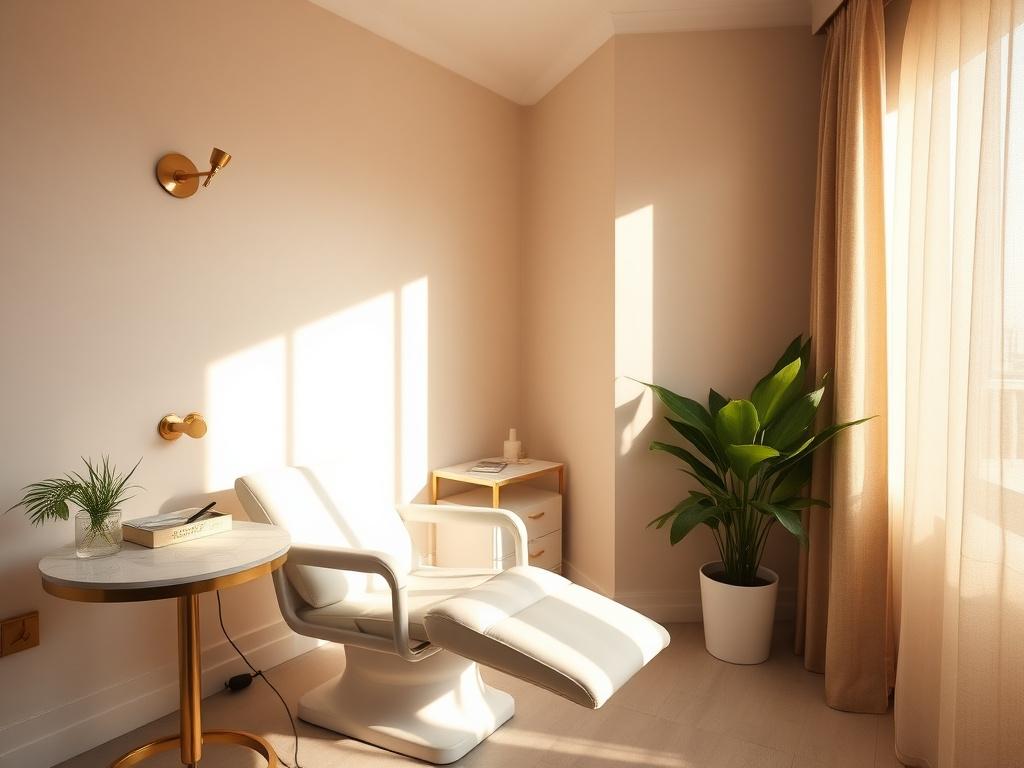 Sunlit Peaklyft treatment room with cream walls, brass fittings, and a single client chair