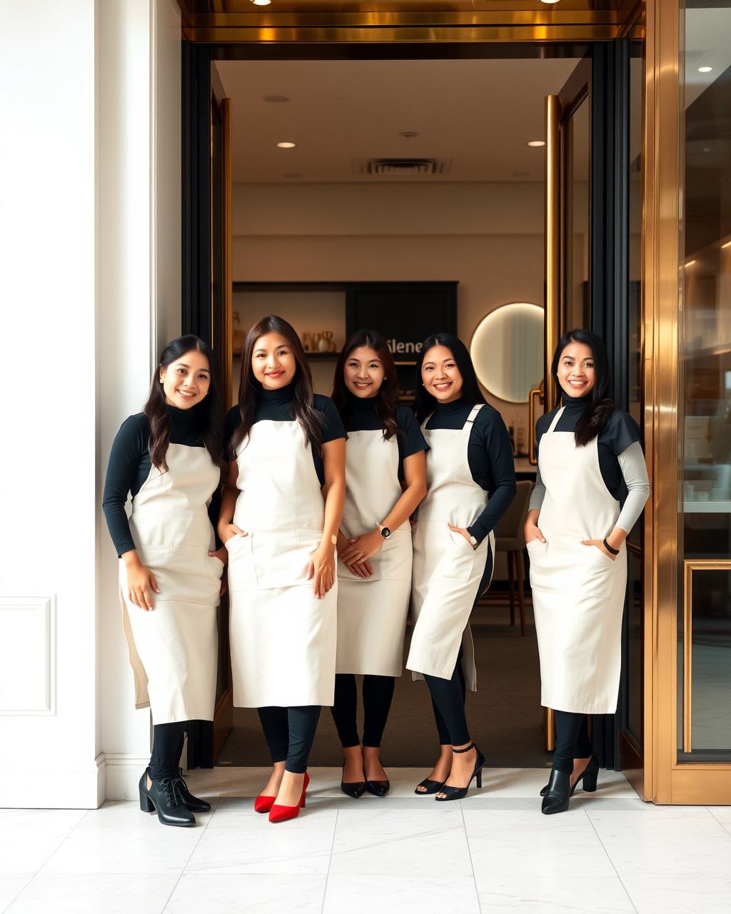 Three Peaklyft lash artists at the studio entrance in cream uniforms
